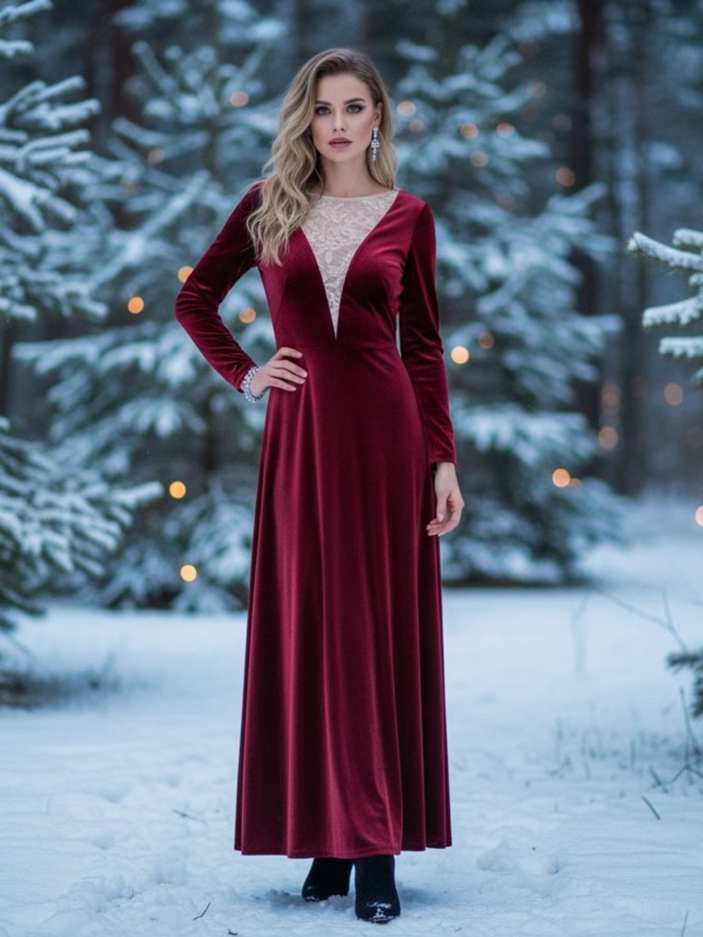 Jenny Yoo Burgundy Velvet Maxi Dress with Lace Yoke